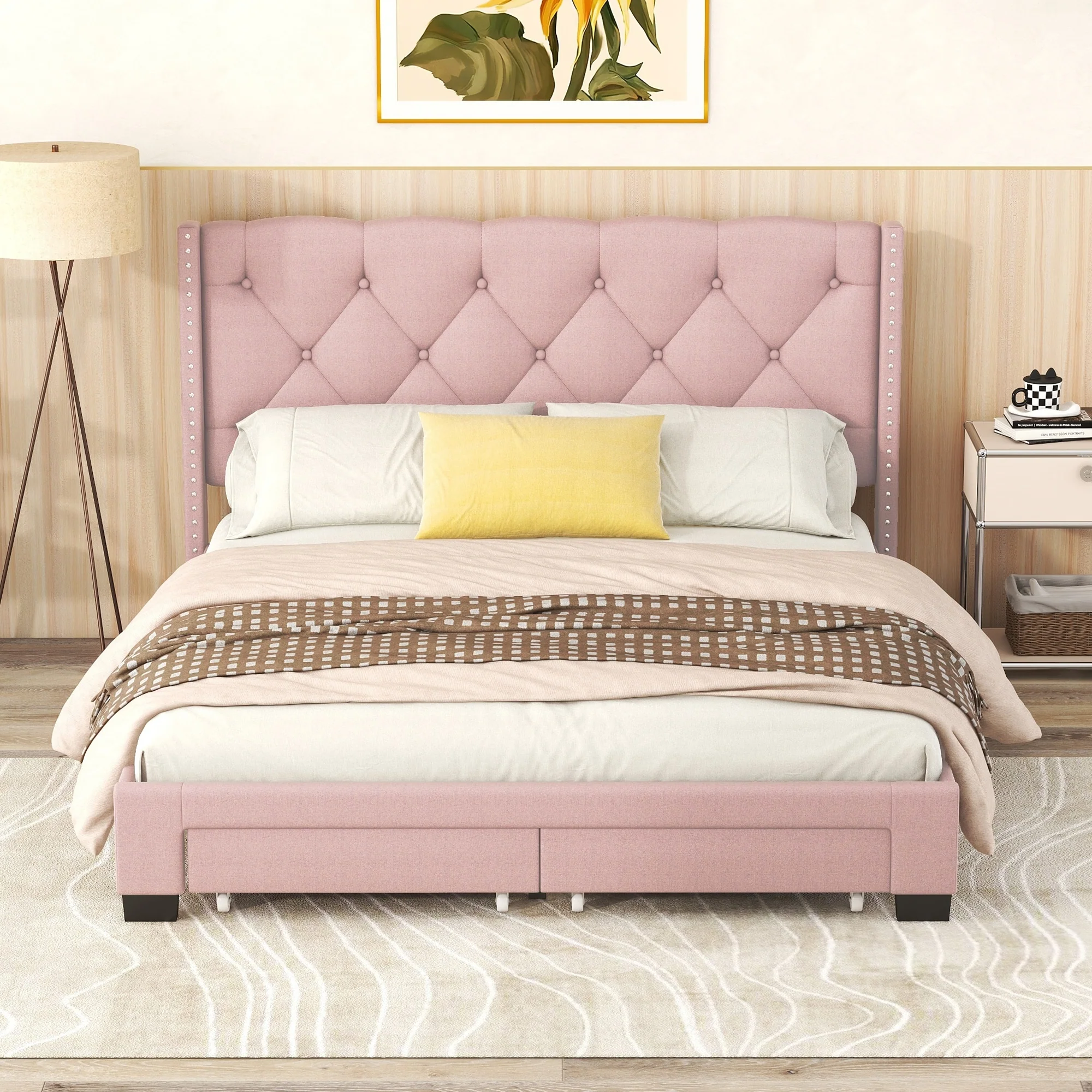 Queen Size Upholstered Platform Bed with 2 Drawers and Wooden Slat Support