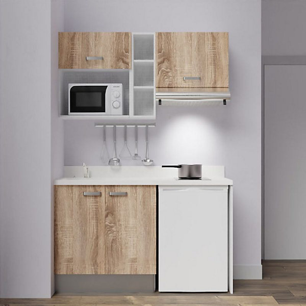 Kitchenette K13 - 140 cm - façades Bois - Plan monobloc en quartz coloris Snova évier à gauche