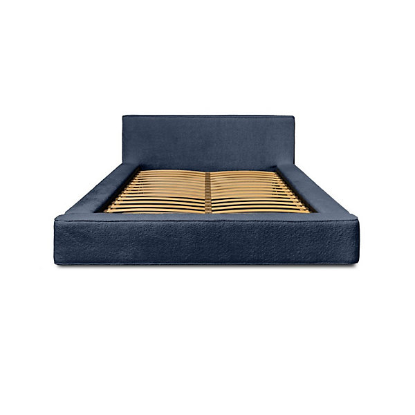 Lit coffre VELORABleu acier bouclé160x200 cmTissu velours douxSommier relevableRangement intégré