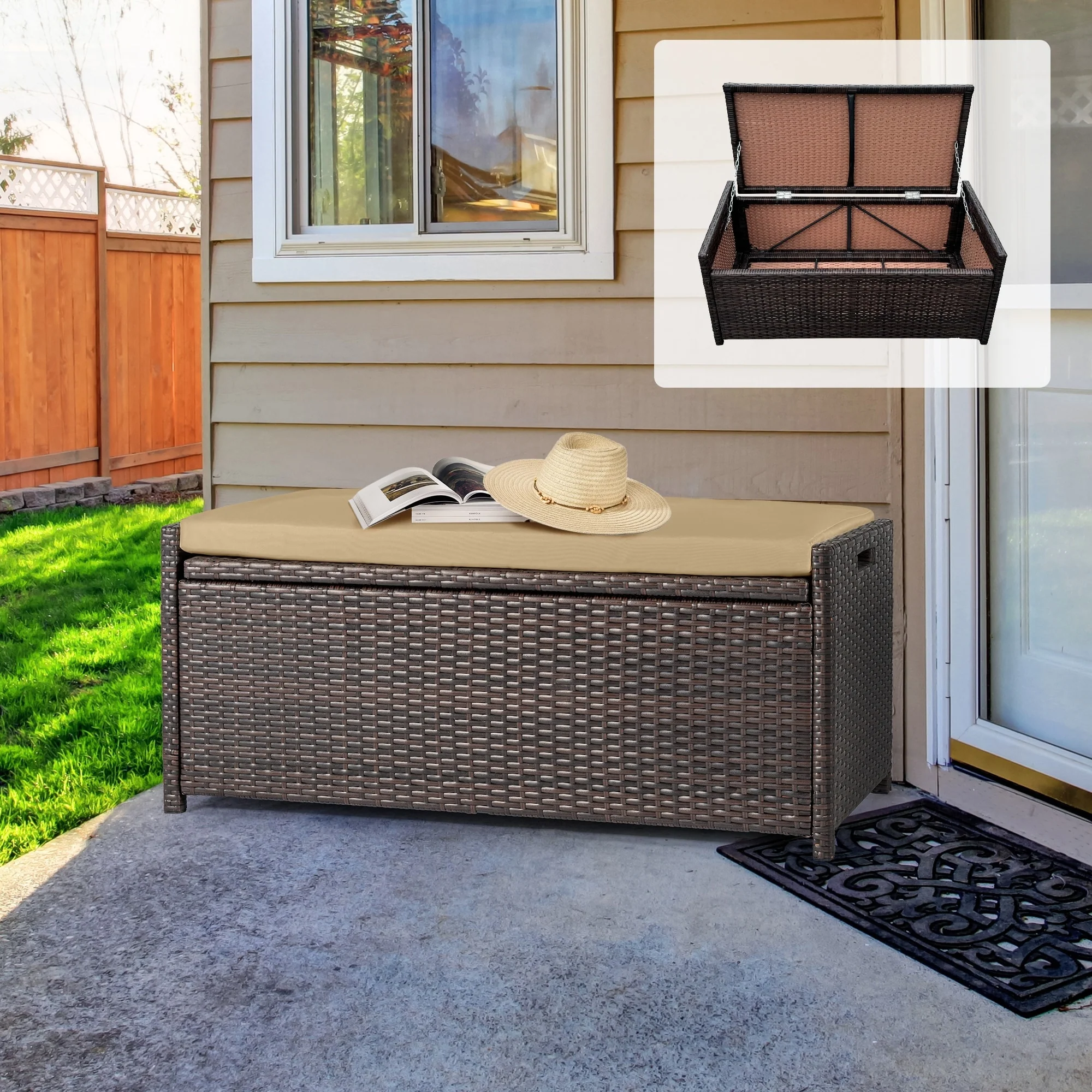 Outdoor Wicker Storage Bench Deck Box, Patio Furniture Pool Container Storage Bin with Seat and Comfortable Cushion