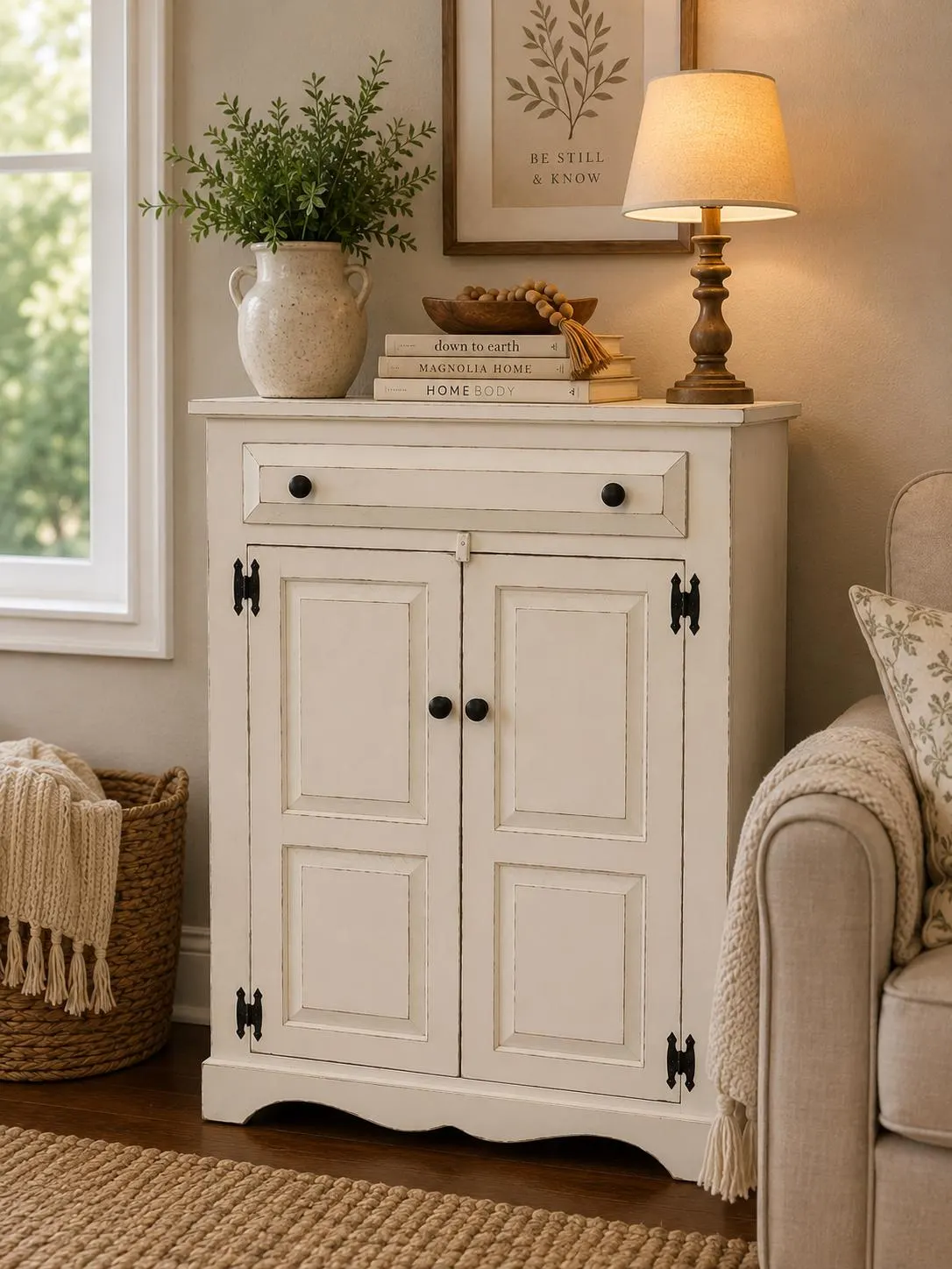 Rustic Farmhouse Kitchen Cabinet: Primitive Charm Cupboard Organizer for Country-Style Storage