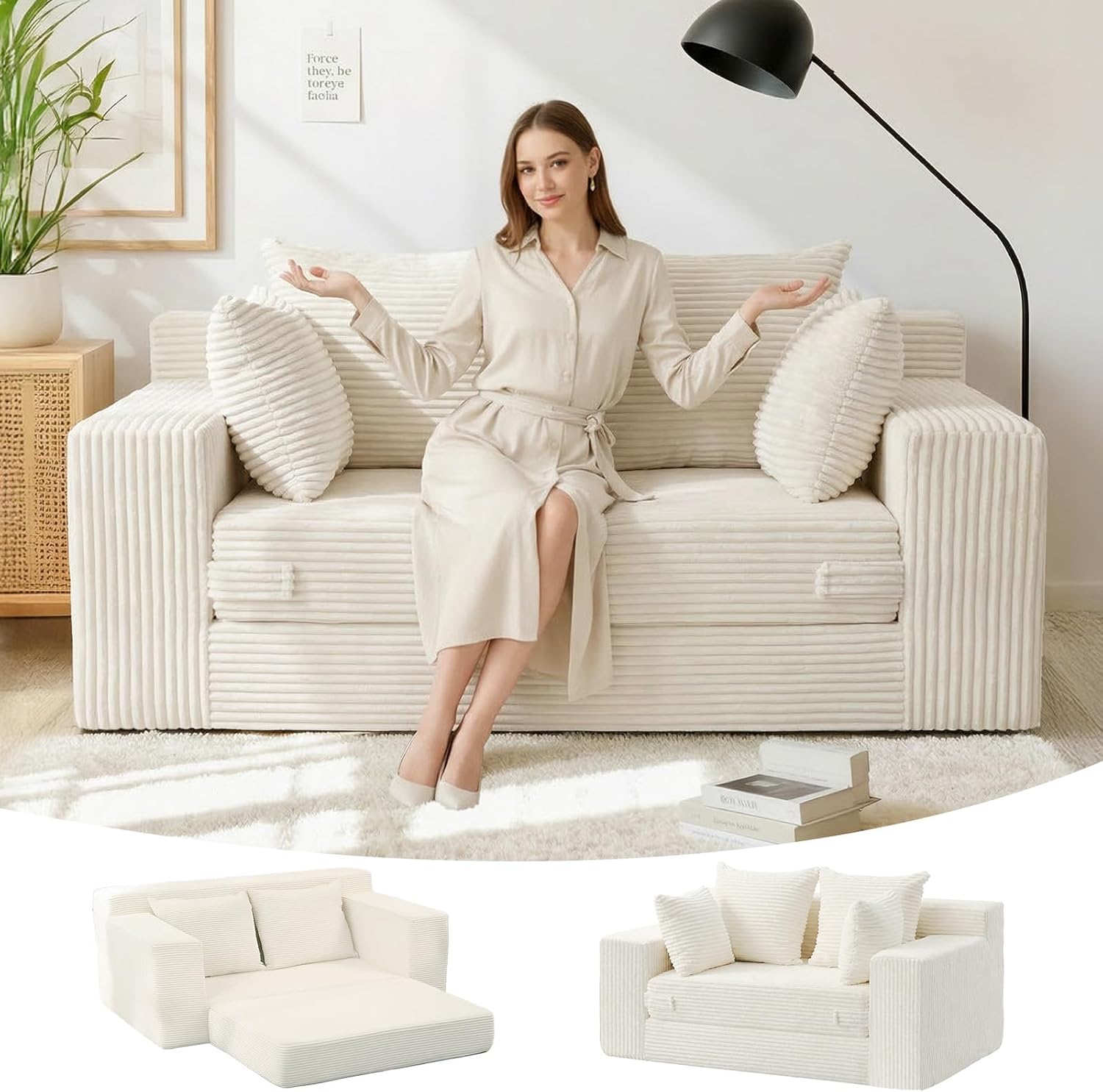 Boneless Loveseat Sleeper Sofa Bed, 3-in-1 Convertible Sofa Bed and Futon Couch with 4 Pillows, 55 Beige Boneless Couch for Living Room, Guest Room, Small Space, No Assembly Required, Corduroy