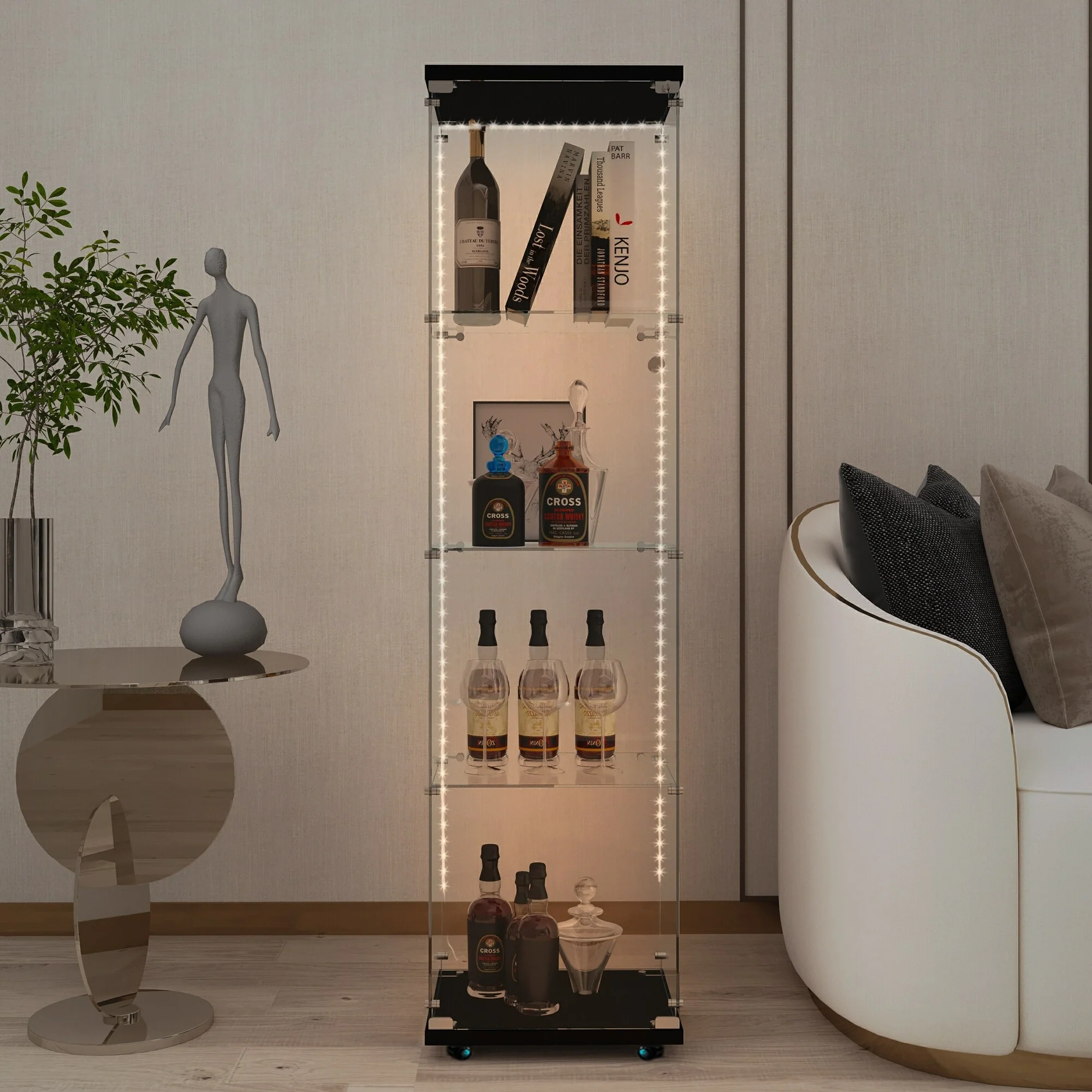 Tempered glass display cabinet, wine cabinet,storage cabinet, file cabinet, with Bluetooth LED light strip, lock on the door