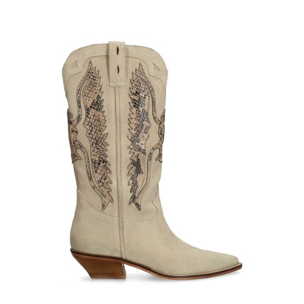 Beige suède cowboylaarzen met sierstiksels