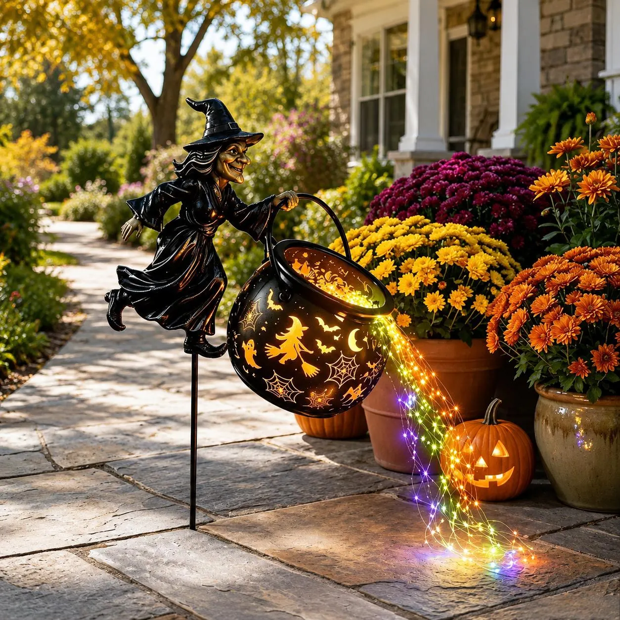 Halloween Witch Cauldron Garden Light Decor Light Solar-Powered Witch Light Bubbling Potion Witch Cauldron Light Outdoor Yard Gift
