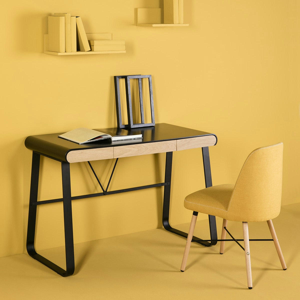 AYA - Bureau 3 tiroirs noir / effet chêne 110 cm