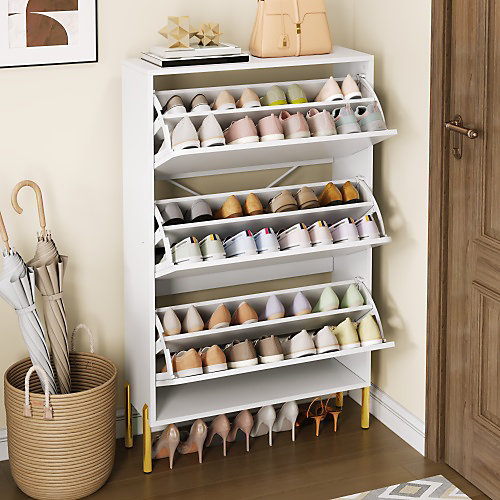 Meuble à chaussures moderne 73x24x120 cm - 3 portes - étagère à chaussures à 6 niveaux - pieds dorés - MDF - blanc