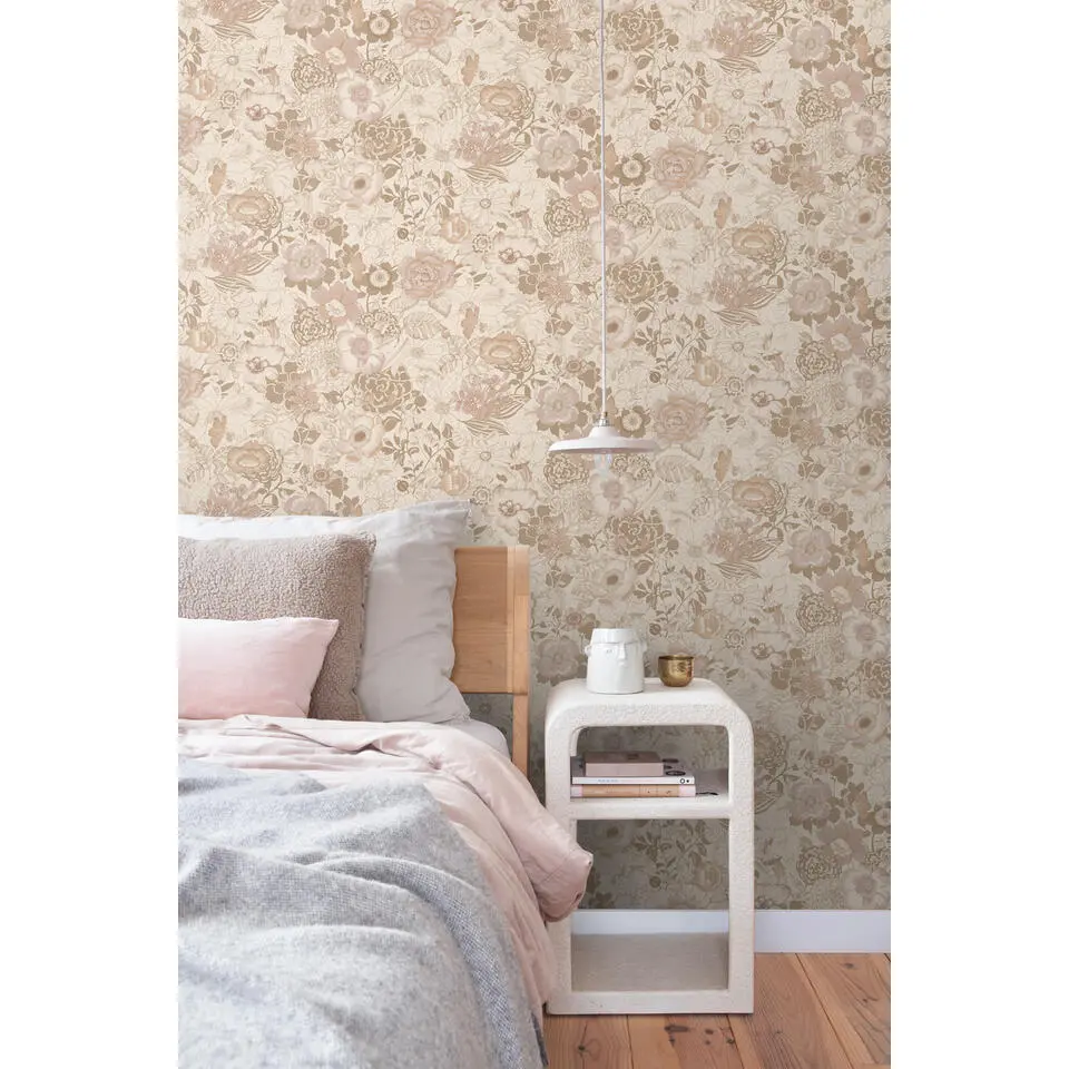 ESTAhome behang vintage bloemen beige en oudroze - 53 cm x 10.05 m