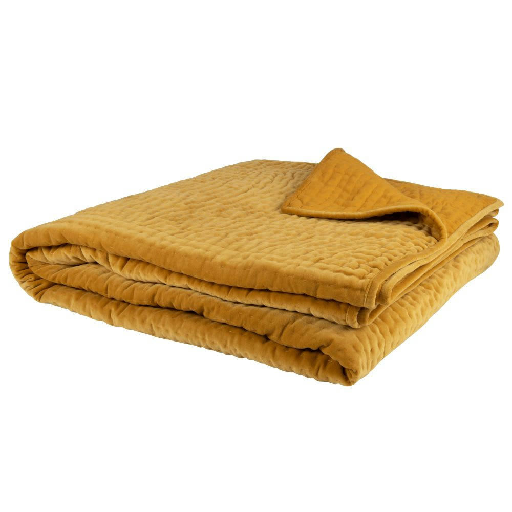 - Boutis en velours de coton ocre motif surpiqué 240x260