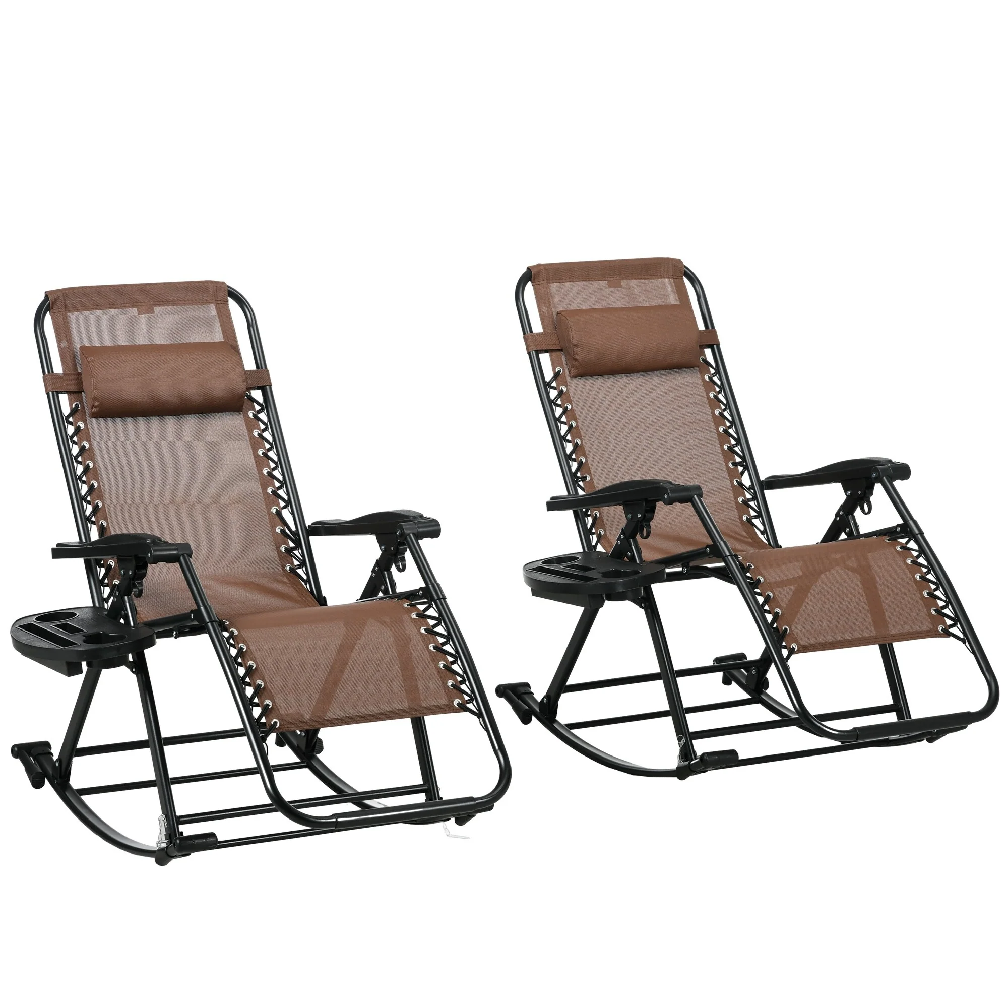2 Pcs Outdoor Breathable Reclining Rocking Chair, Folding Chaise Lounge Chair with Detachable Tray & Movable Pillow