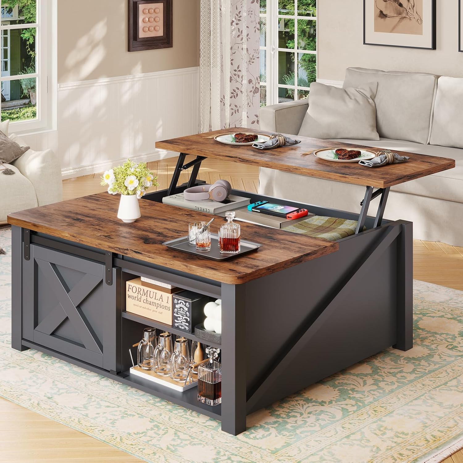 SEDETA 31.5 Lift Top Coffee Table with Storage, Square Coffee Tables for Living Room, Farmhouse Coffee Table with Large Hidden Storage Compartment and Adjustable Shelves, Black