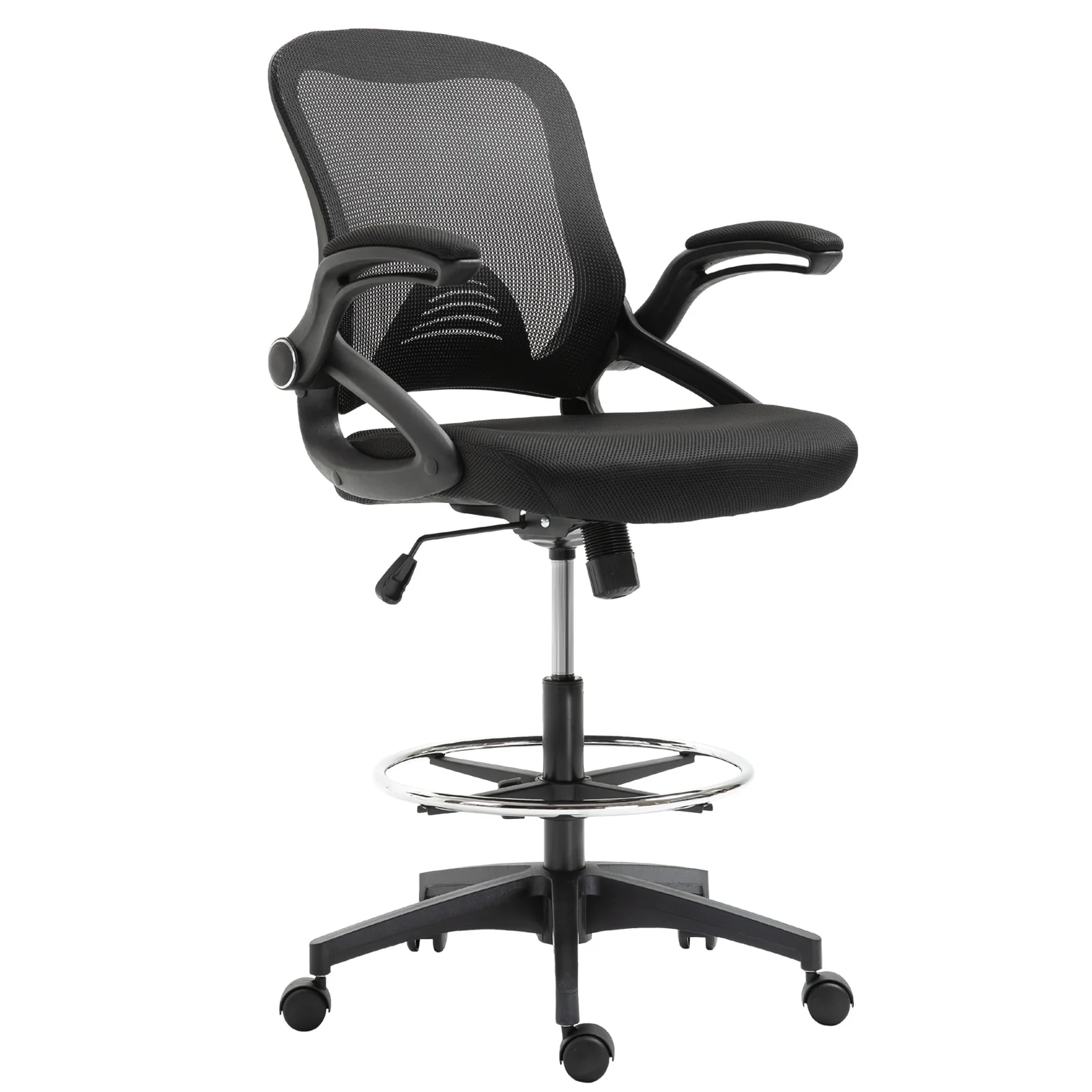 Vinsetto Drafting Office Chair with Flip-Up Armrests, Footrest Ring and Adjustable Seat Height, Black