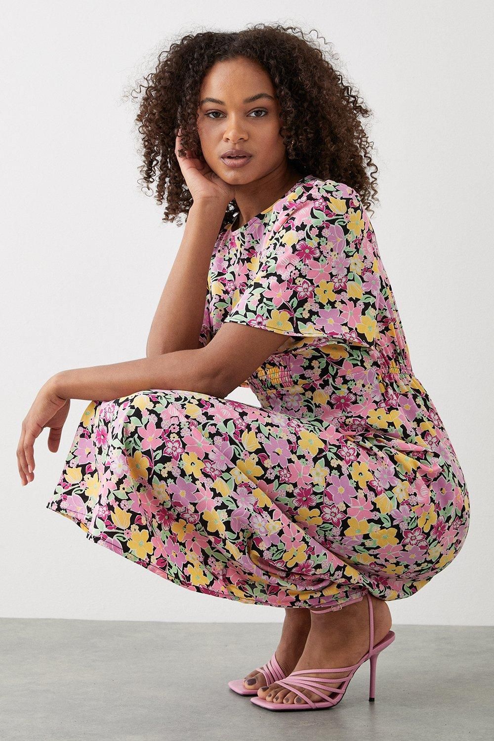 Dorothy Perkins Pink Floral Flutter Sleeve Shirred Waist Midi Dress