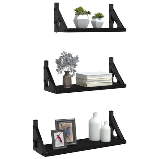 NNEVL 3 Piece Wall Shelf Set Black Engineered Wood