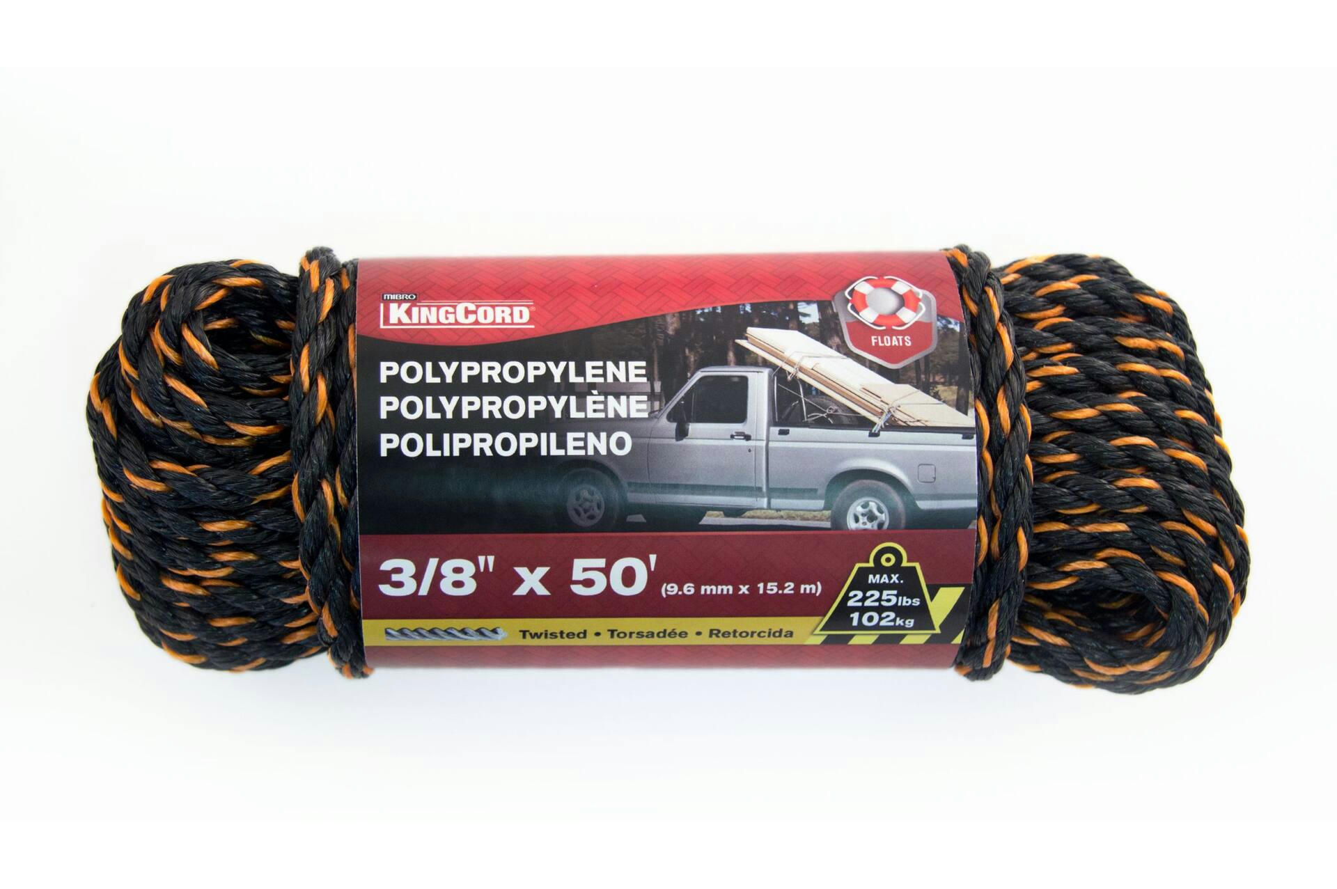 KingCord Polypropylene Rope, For Multi-Purpose, 244-lb Capacity, 3/8-in x 50-ft, Black/Orange