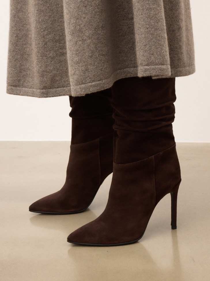 Brown suede boots with a slender heel