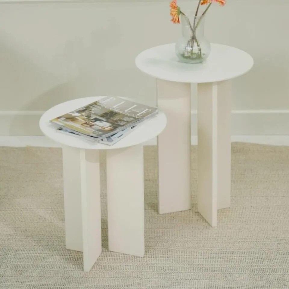 CALICOSY - Set 2 ronde bijzettafels LEO - Beige - 55x40x40 cm