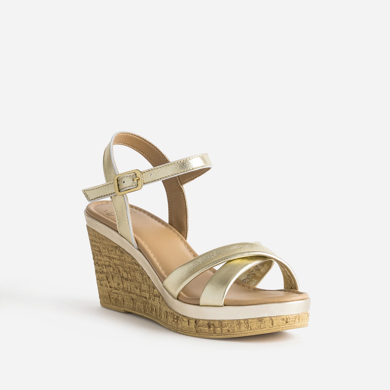 Sandale compensée dorée en cuir
