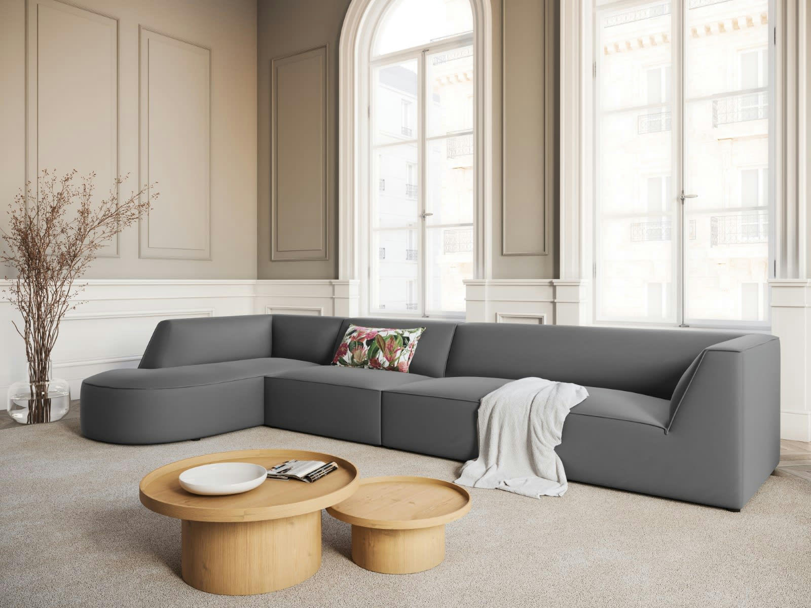 CHARLES - Canapé D'Angle Gauche 5 places en Velours Gris Foncé