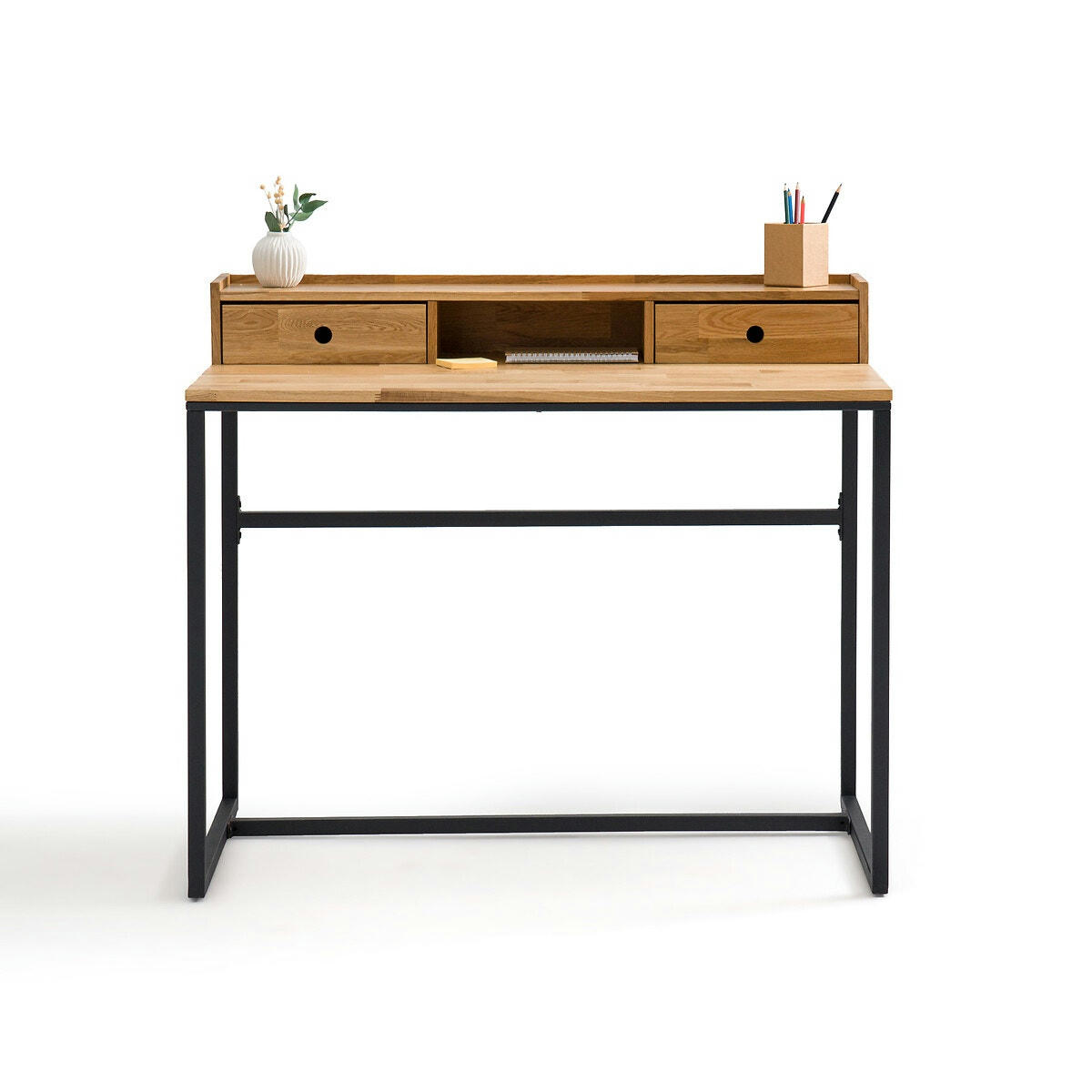 Bureau chêne et métal, avec petite réhausse, Hiba