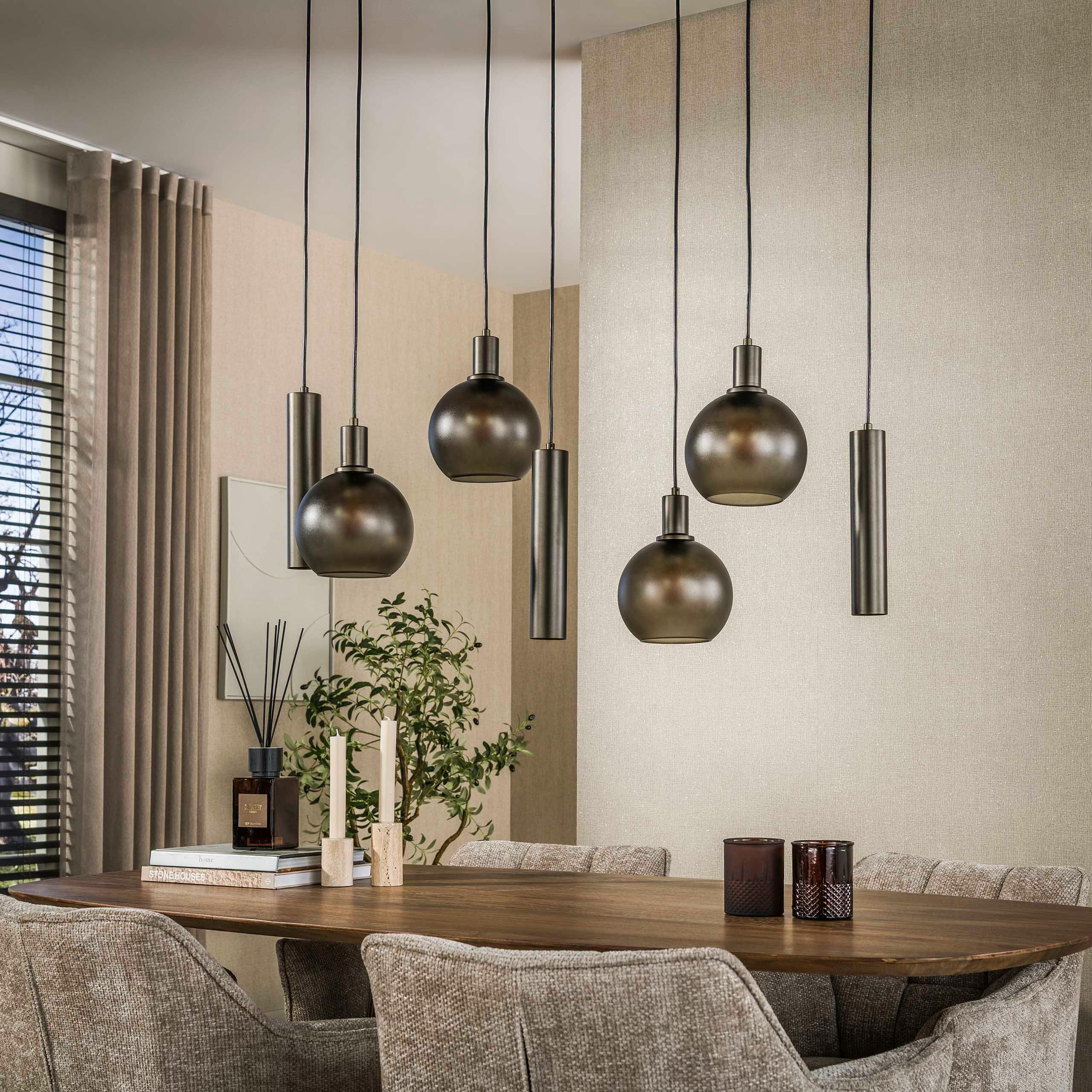 Suspension îlot cuisine verre brun givré métal bronze 7 lampes NOVA