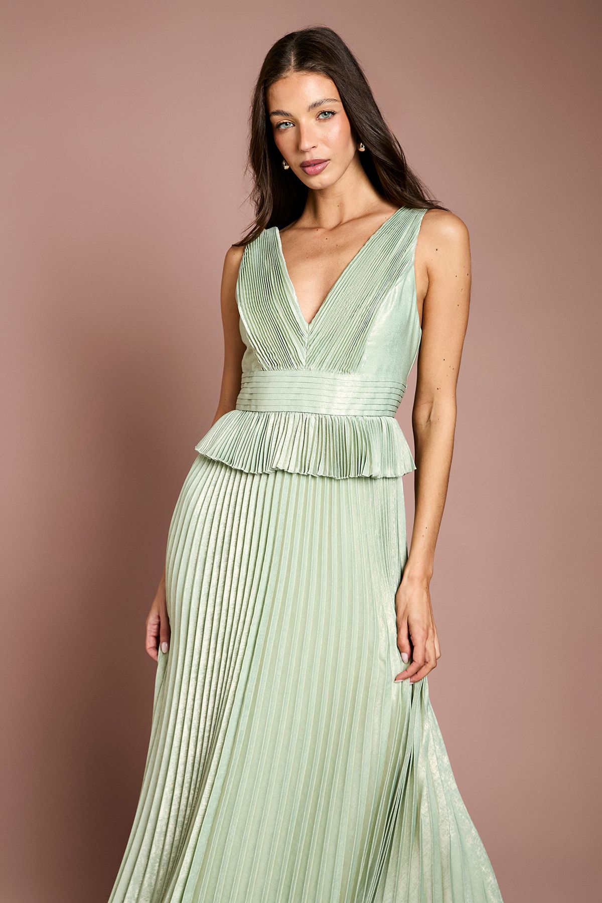 Coast Sleeveless Metallic Pleated Maxi Dress With Peplum