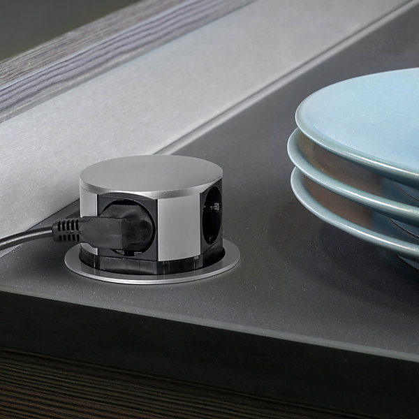 Emuca Multiconnecteur Vertikal Push diamètre 100mm, 3 prises de type Schuko, 1 USB type A, 1 USB type C, Acier et Plastique, Peint