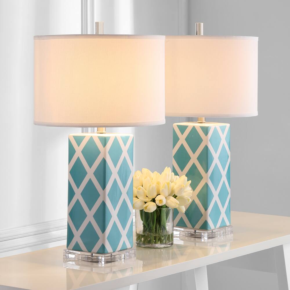 Safavieh Garden Lattice Cotton Hardback Drum Shade Ceramic Table Lamp Set, 27-in, Light Blue/Silver, 2-pk