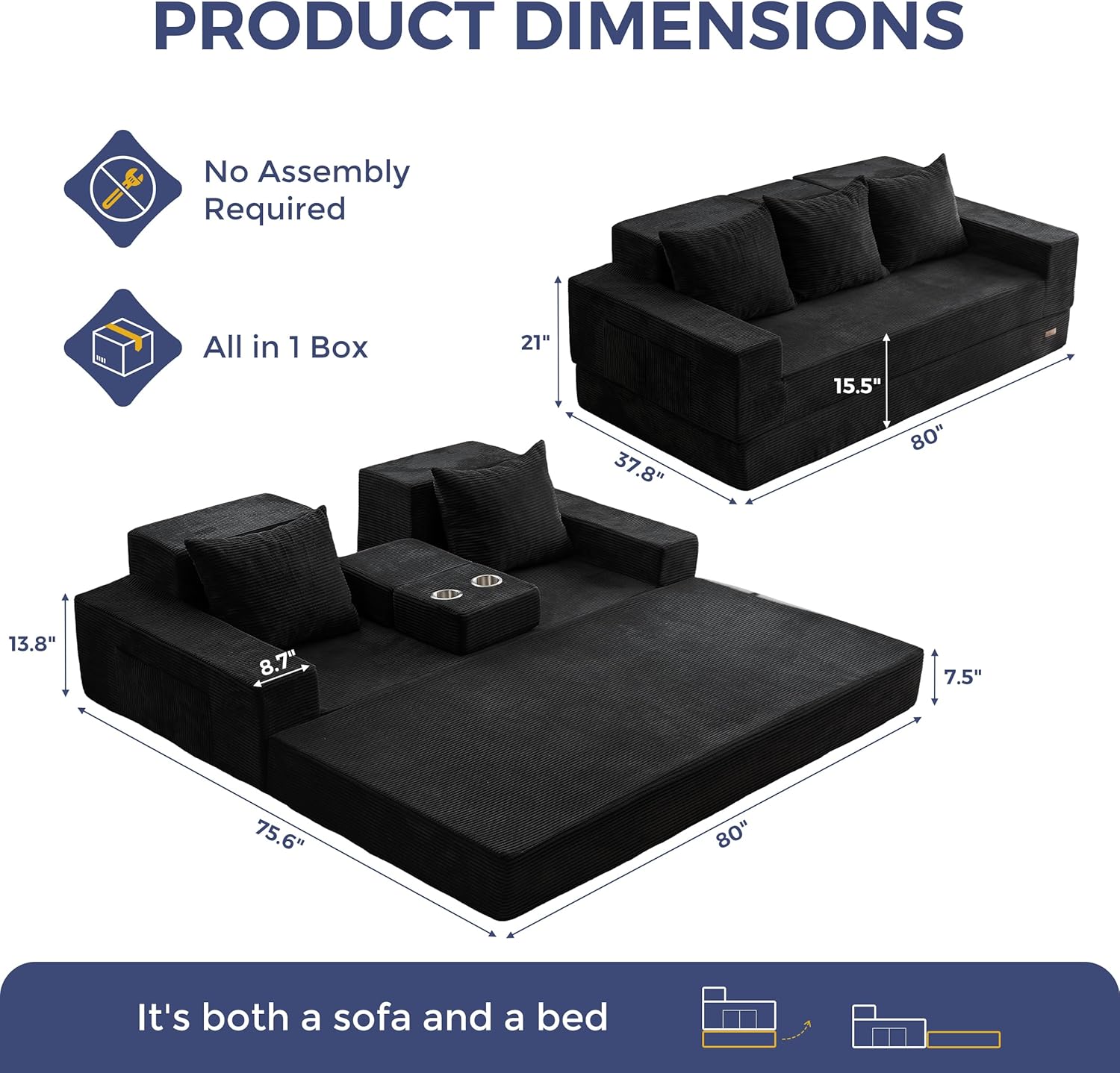MAXYOYO Convertible Sofa Bed, 80 Oversized Boneless Loveseat Couch 4 in 1 Foldable Floor Sofa Couch in A Box with 2 Cup Holders, Folding Sleeper Chair for Living Room, No Assembly Required, Black