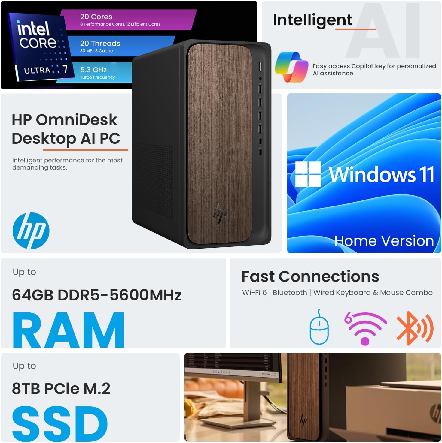 HP OmniDesk(Envy Next Brand) M03 Business Next Gen AI PC Desktop  Intel Core Ultra 7 265  32GB DDR5 RAM  2TB SSD  USB-C  Wired KB & Mouse  Windows 11 Home  Bundle with Adata UC310 64GB USB Flash Drive