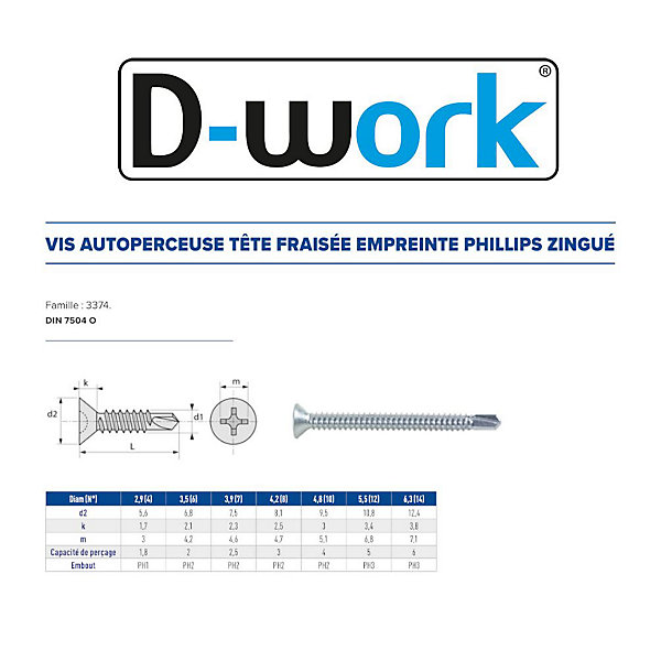 500 Vis Autoperceuses Tête Fraisée Phillips 2.9 x 19 mm - DIN 7504 O - Zingué blanc - D-Work