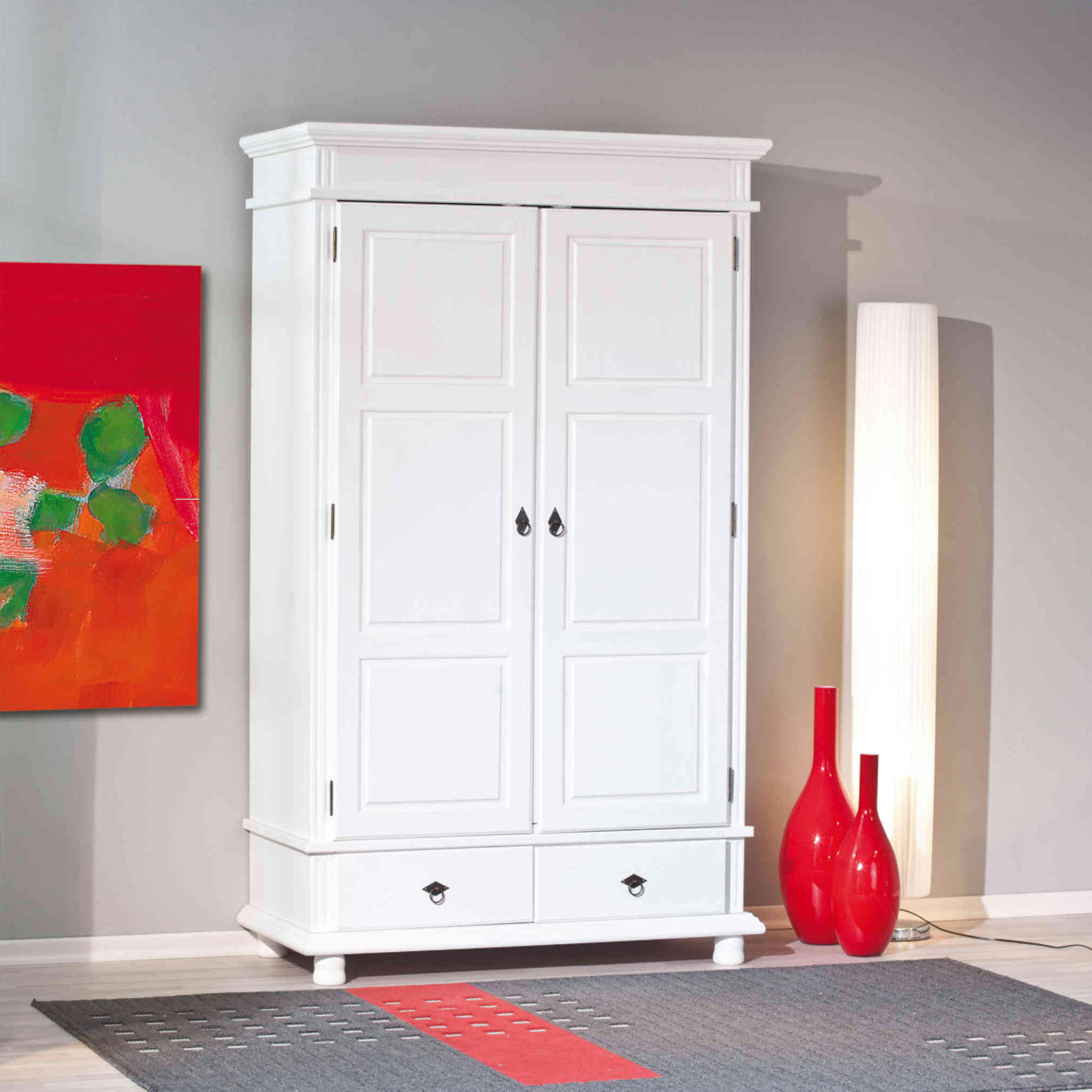 - Armoire 2 portes 2 tiroirs en bois massif blanc