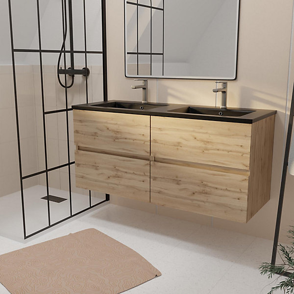 Ensemble sous vasque suspendu effet chêne naturel 4 tiroirs   vasque double noire, l.120 cm, Galedo Timber