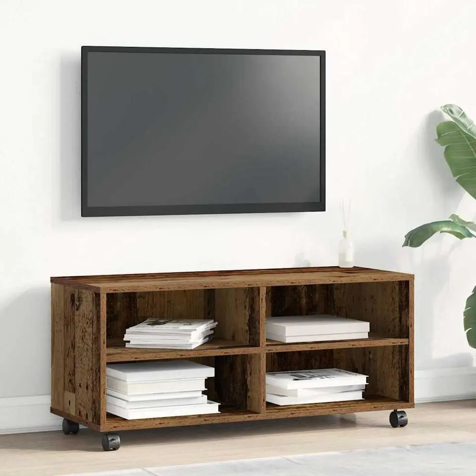 vidaXL - TV-meubel met 4 vakken en 4 wielen - Oud hout - 90x35x35 cm
