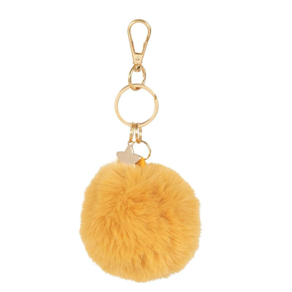 POMPON - Porte-clés pompon imitation fourrure jaune et breloques dorées
