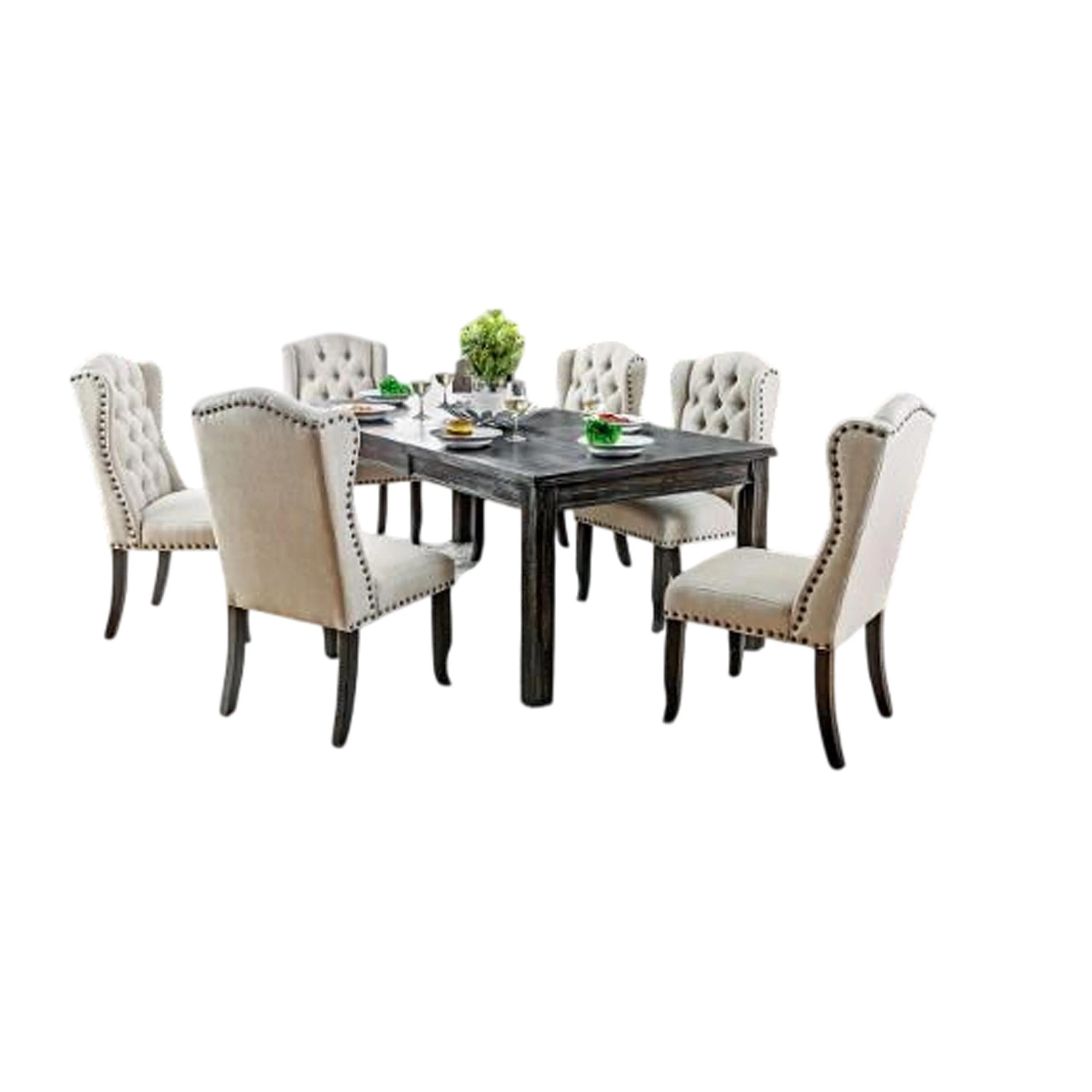 Bega 9pc Dining Table and Wingback Chair Set, Beige Linen, Black Wood