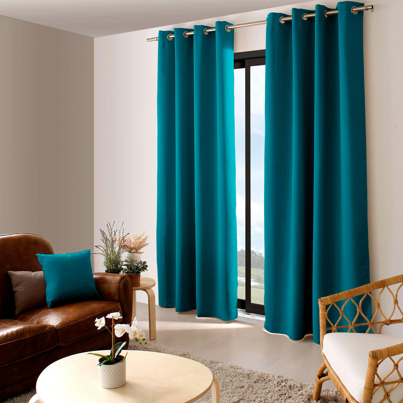 - Rideau occultant uni avec 8 œillets bleu canard