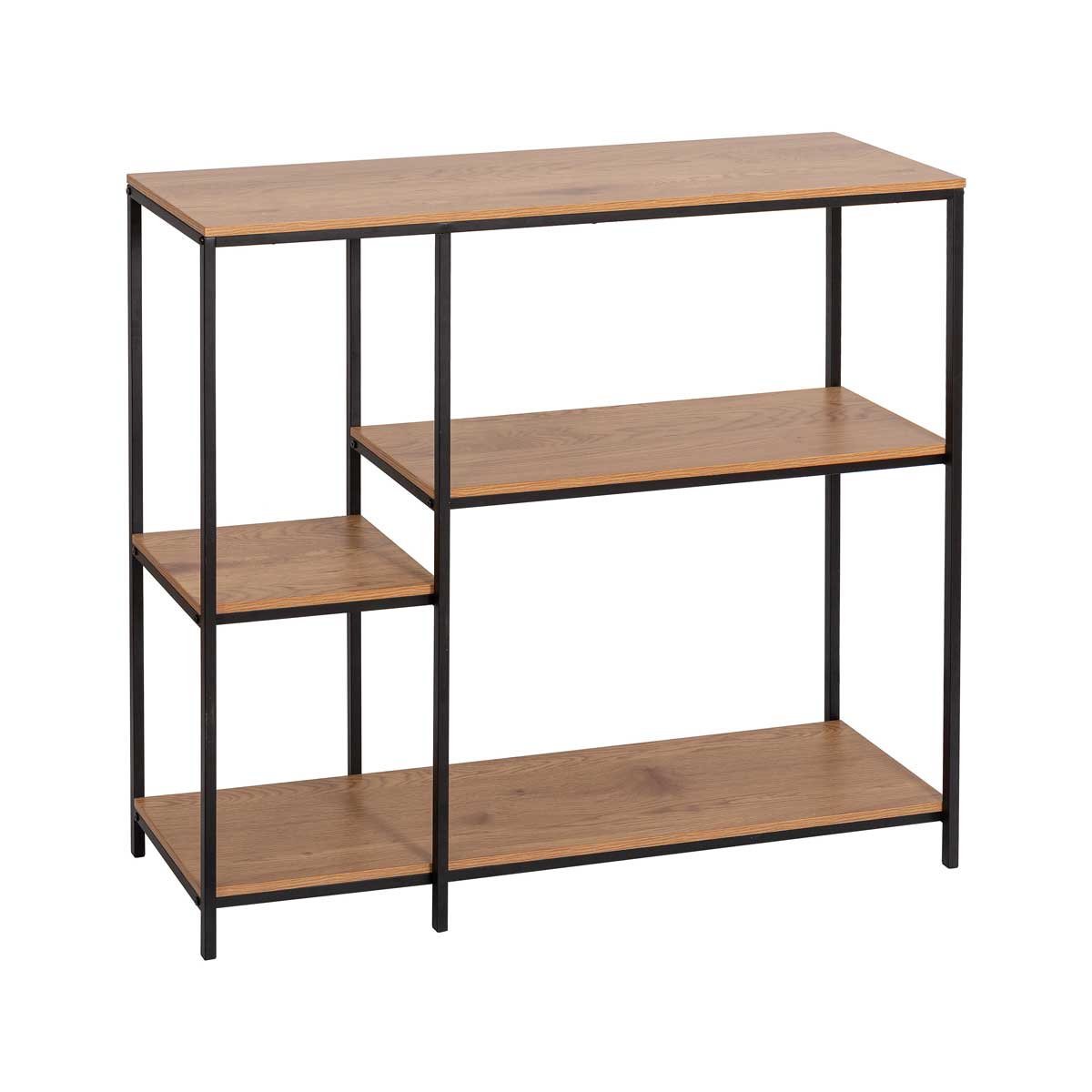 Estante preta com prateleiras em madeira