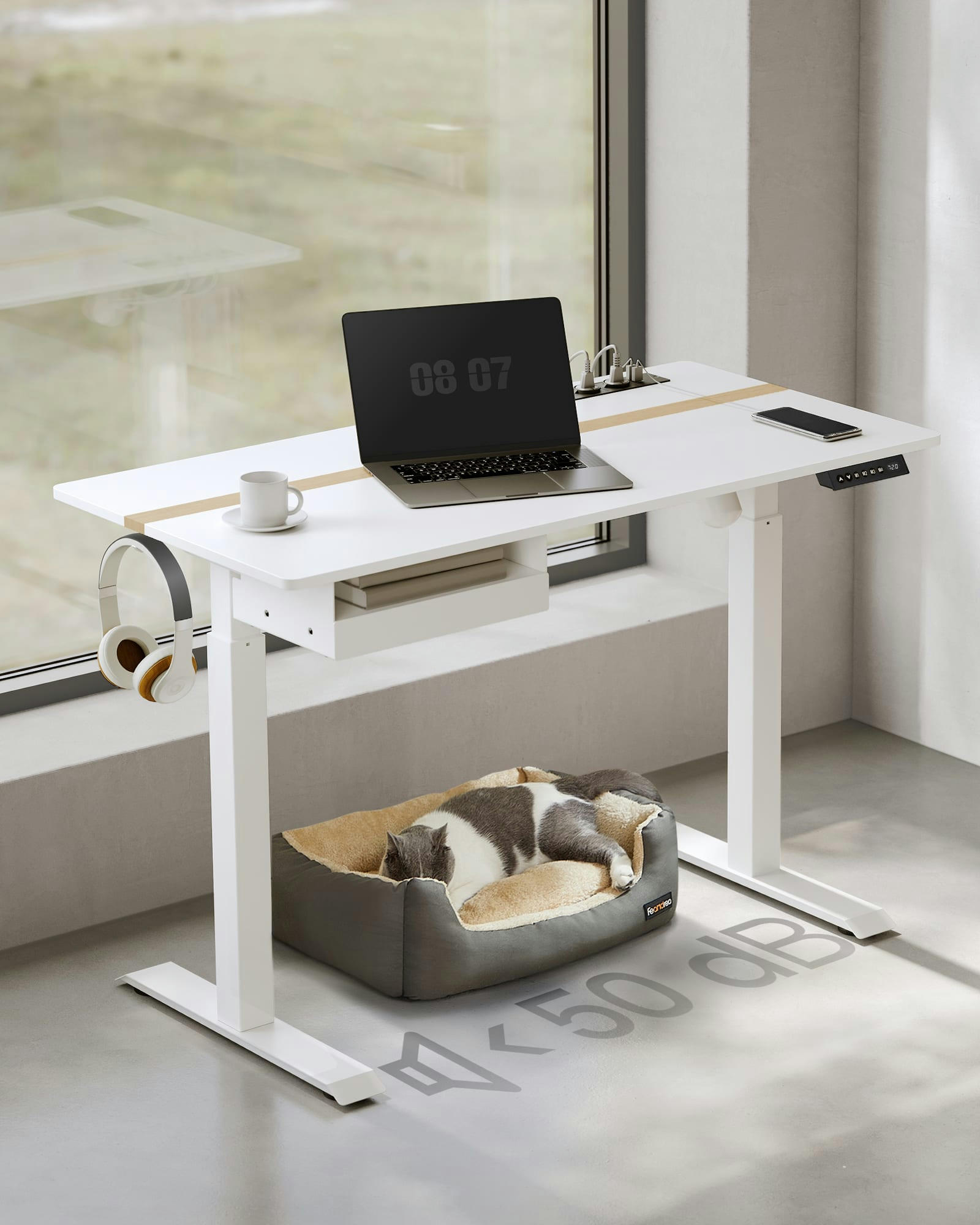 - Bureau assis-debout électrique effet bois blanc