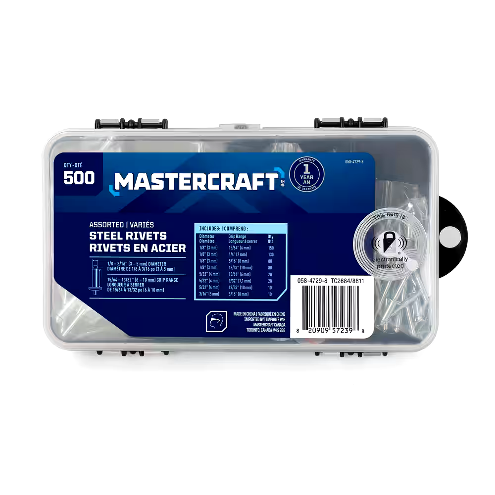 Mastercraft Steel Rivet Assortment, Multiple Sizes, 500-pc
