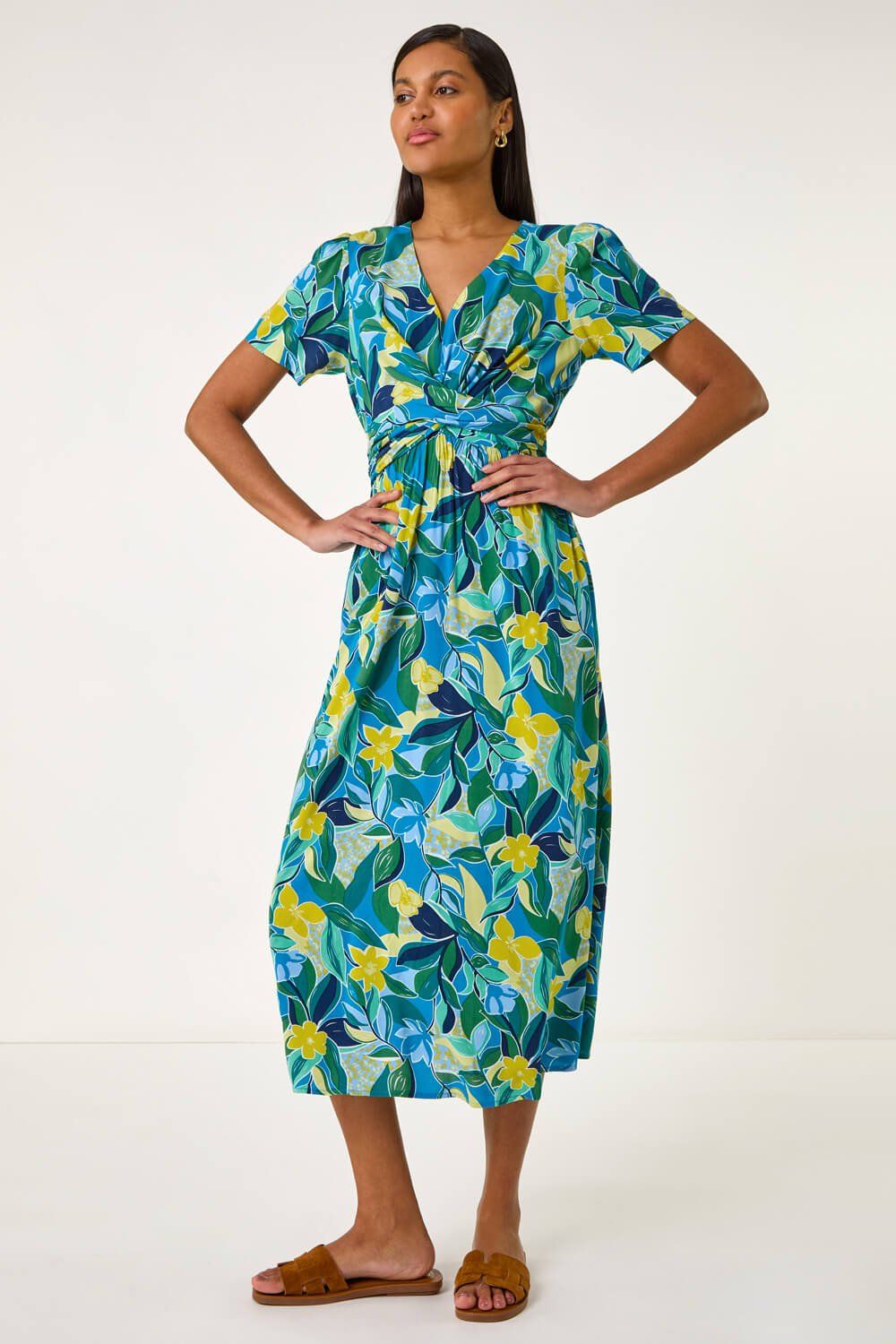 Roman Floral Print Crossover Midi Dress