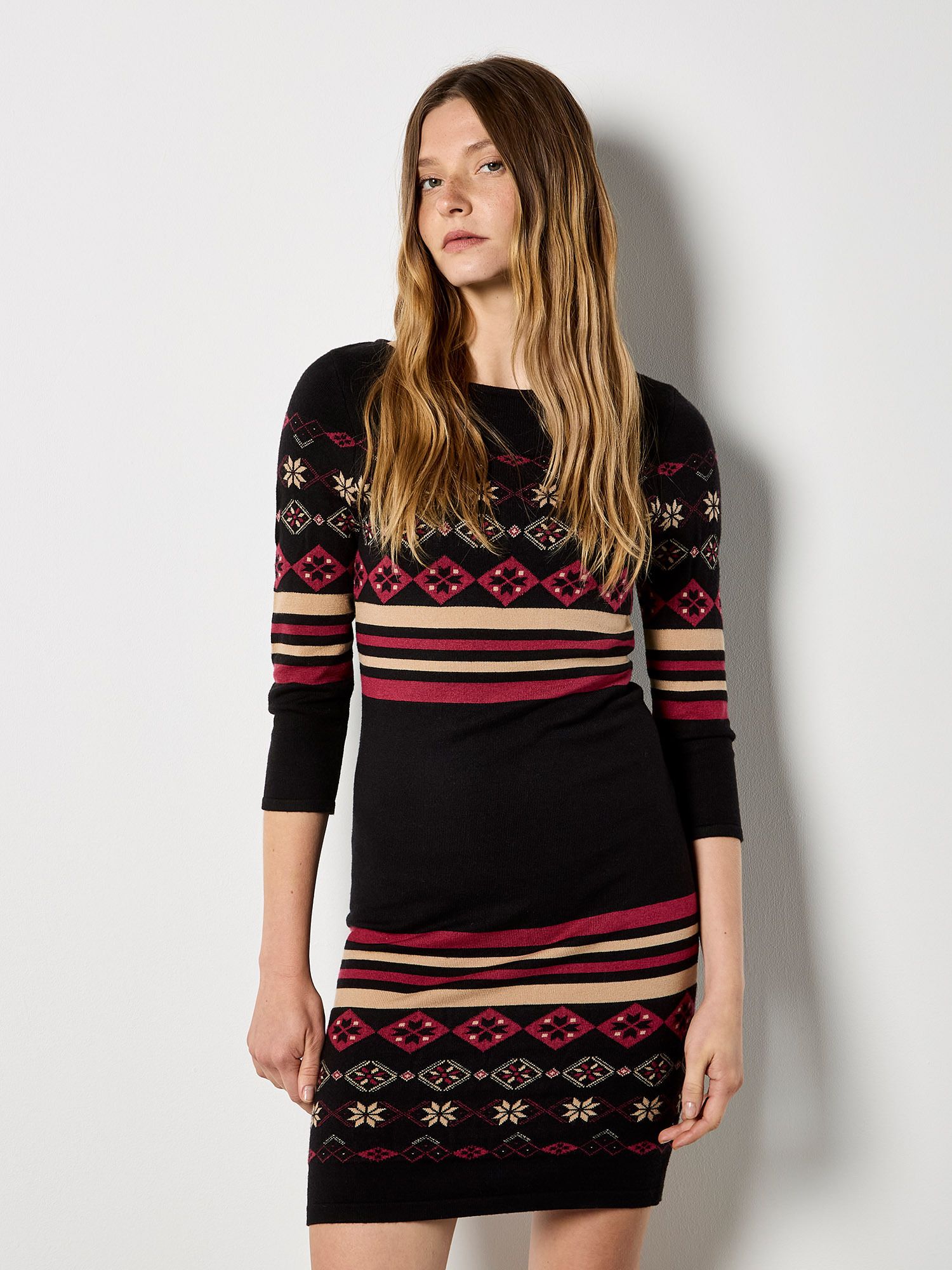 Apricot Folk Pattern Stripe Knitted Mini Dress