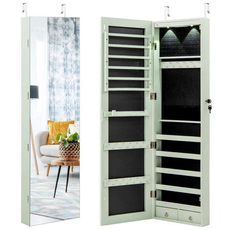 LED Lights Wall and Door Mounted Jewelry Storage Lockable Cabinet with Full Length Mirror - 14 x 4 x 54.5 (L x W x H)