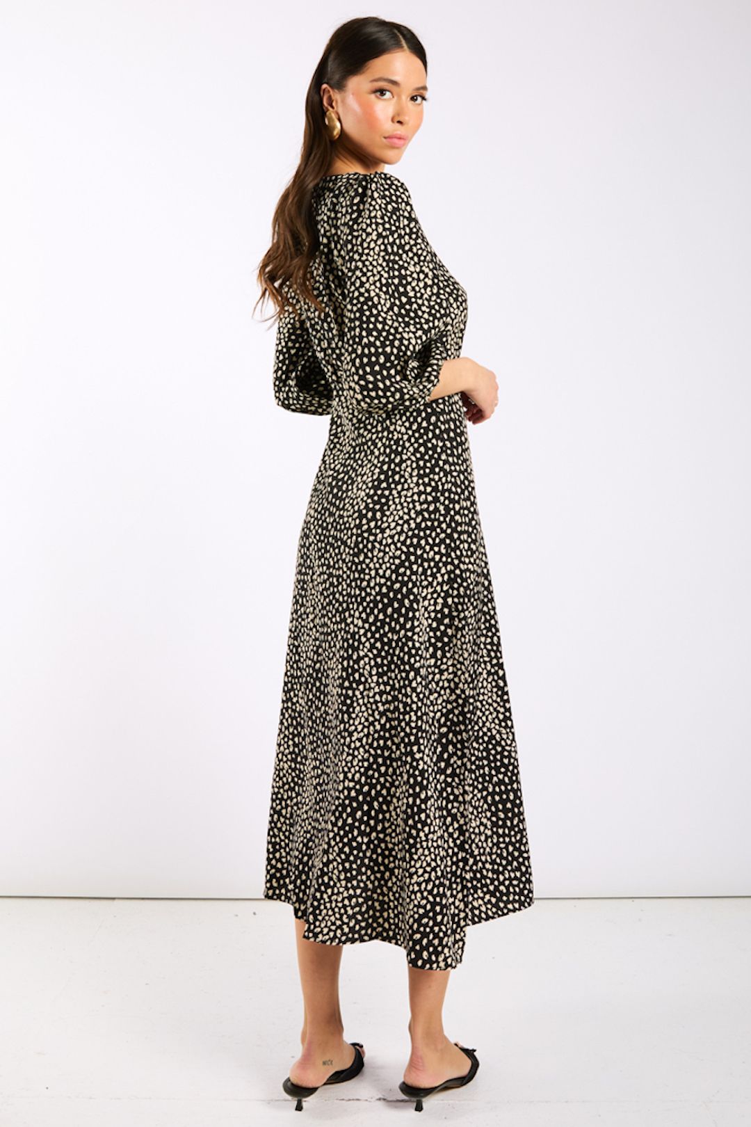 Needs No Label Black Spotty 3/4 Sleeve Midi Dress