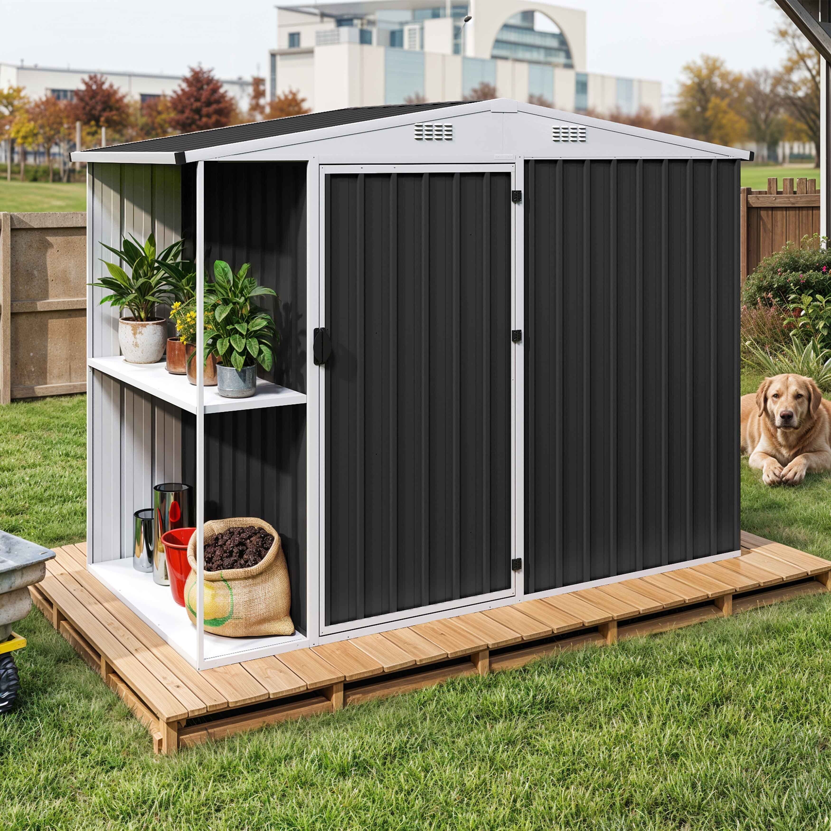 8 x 4 ft Outdoor Storage Shed with 2-Tier Shelf, Metal Tool Shed & Garden Storage Cabinet for Backyard