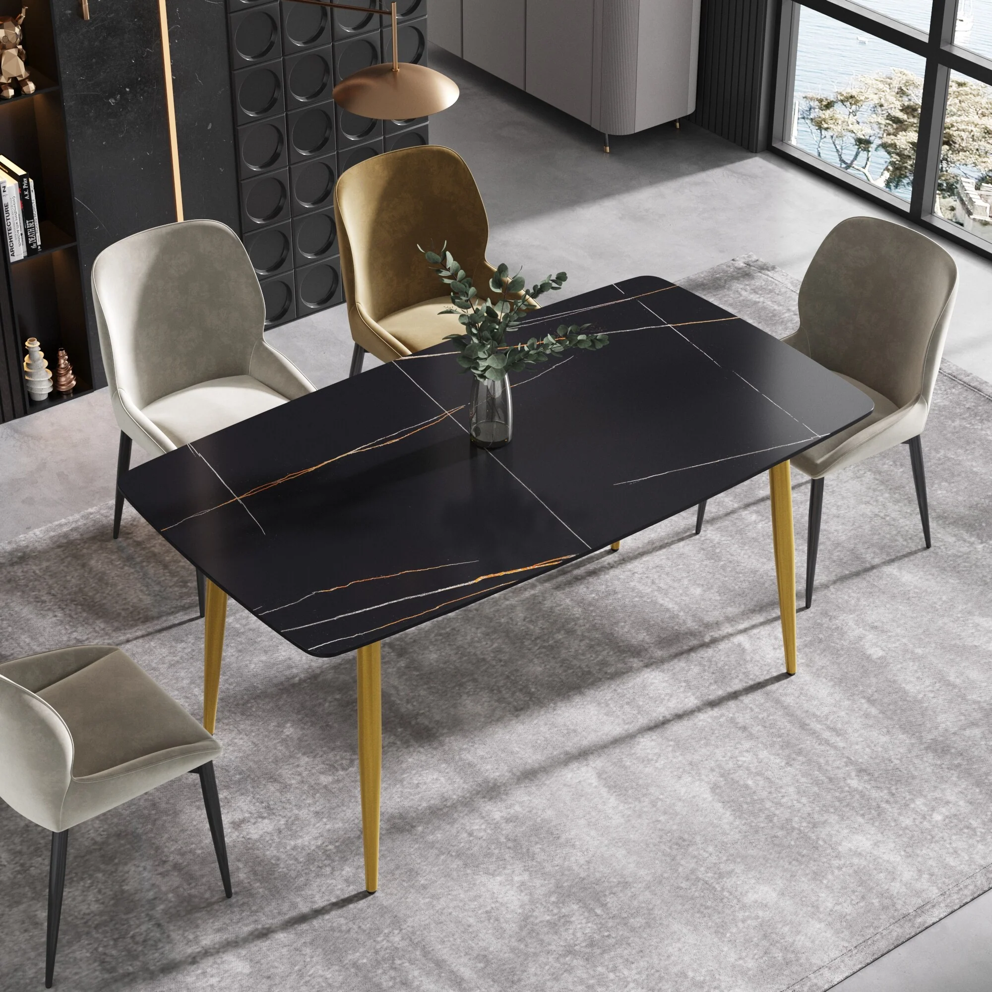 63 Modern Dining Table,Sintered Stone Tabletop and Solid Gold Carbon Steel Base