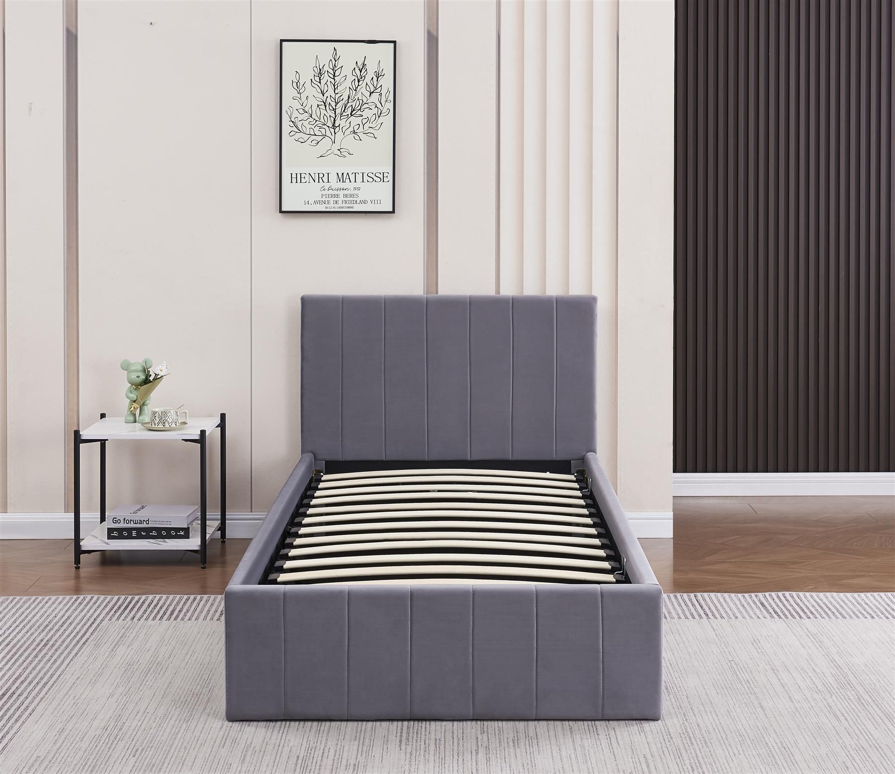 KOSY KOALA Ottoman Bed Gas Lift Storage Grey 3ft Single Line Pattern Velvet Pine Wood Bedroom