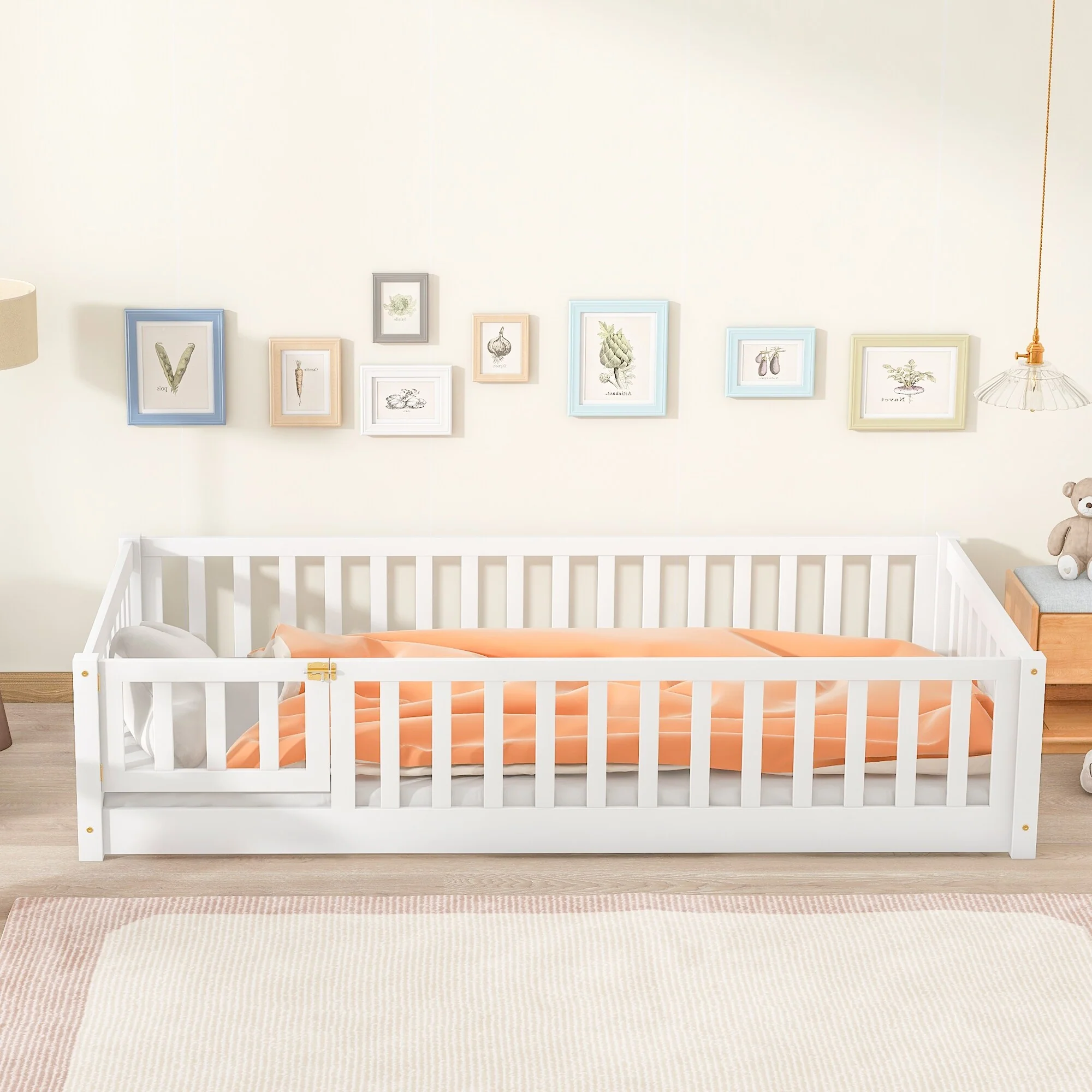 Twin Size Floor Bed with Fence and Door,Rubber Wood Floor Bed with Safety Guardrails