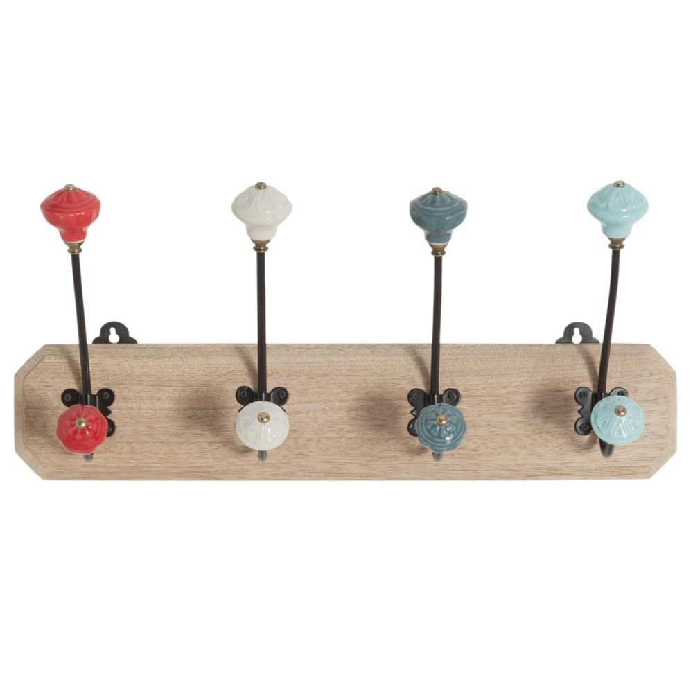 Gariottes - Patère en manguier 4 crochets en métal et céramique