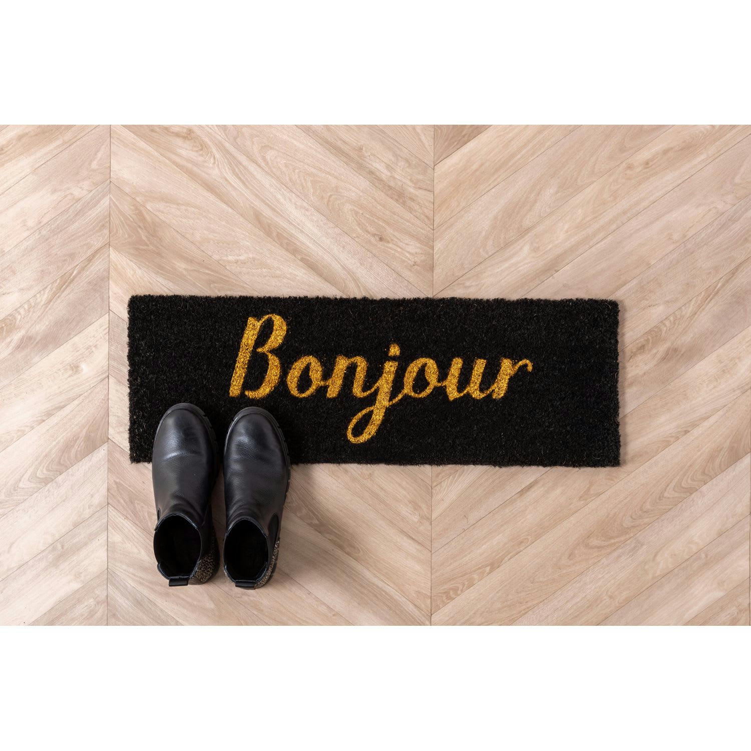 BONJOUR - Paillasson rectangulaire en fibre de coco 75x26 cm noir et beige